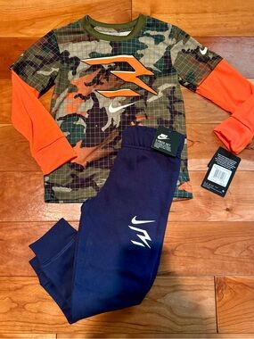 NWT Nike Set Camo Long-Sleeve Top with Orange Sleeves & Navy Joggers